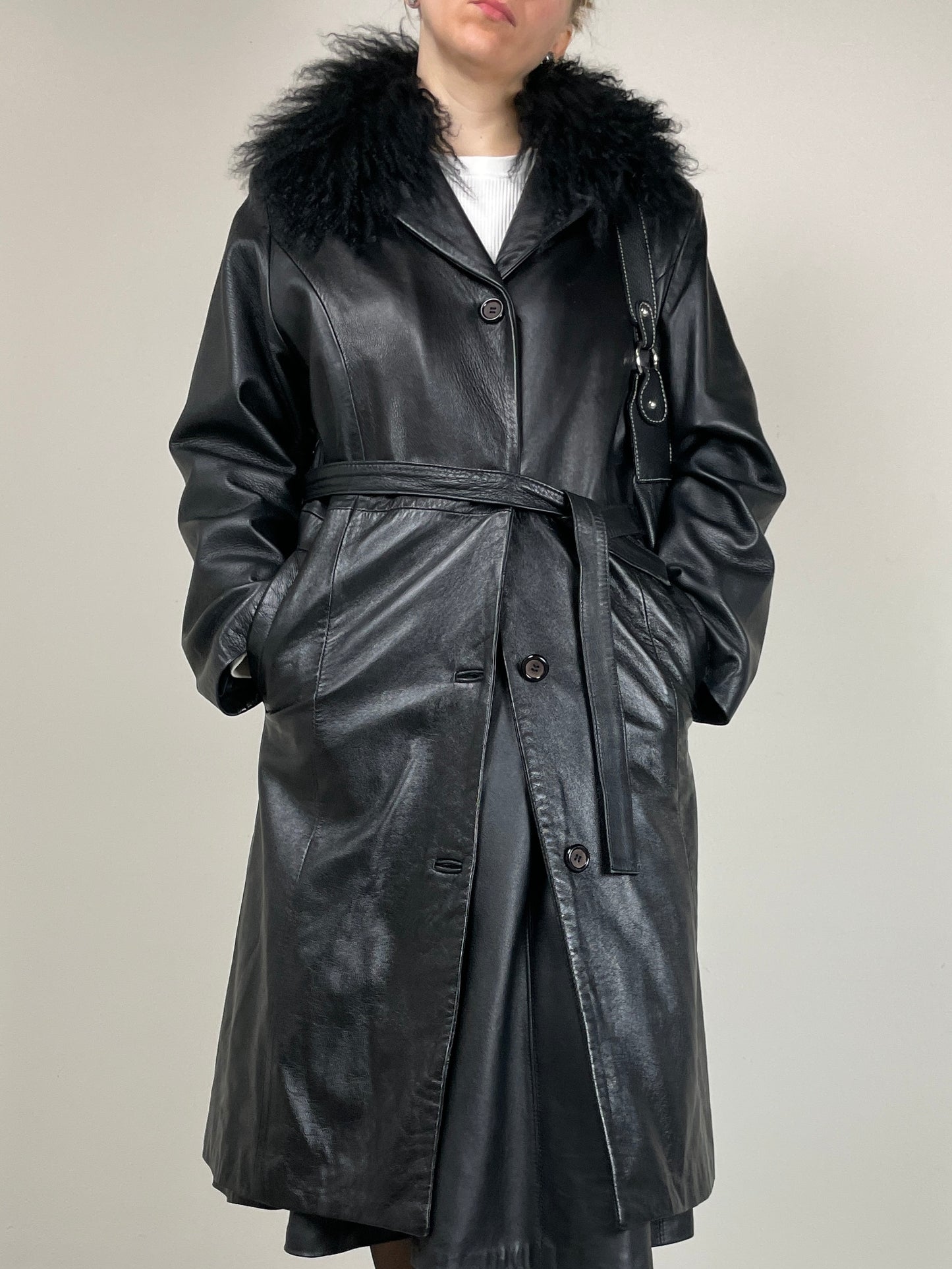 Trench in vera pelle con collo in pelliccia Mongolia