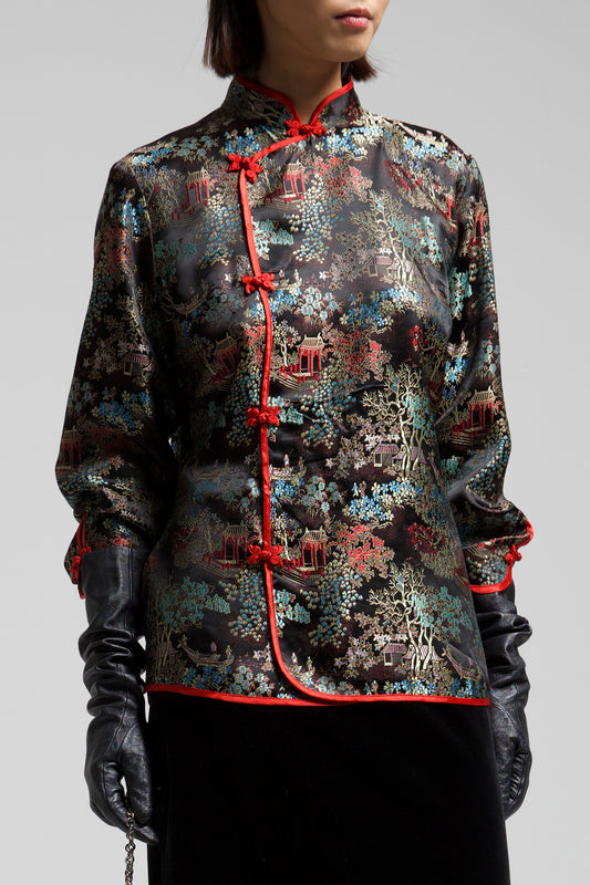 Blusa in jacquard di viscosa con paesaggio asiatico