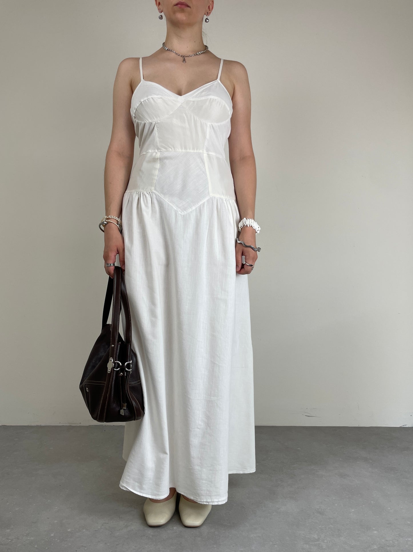 Abito lungo bustier con inserti in seta