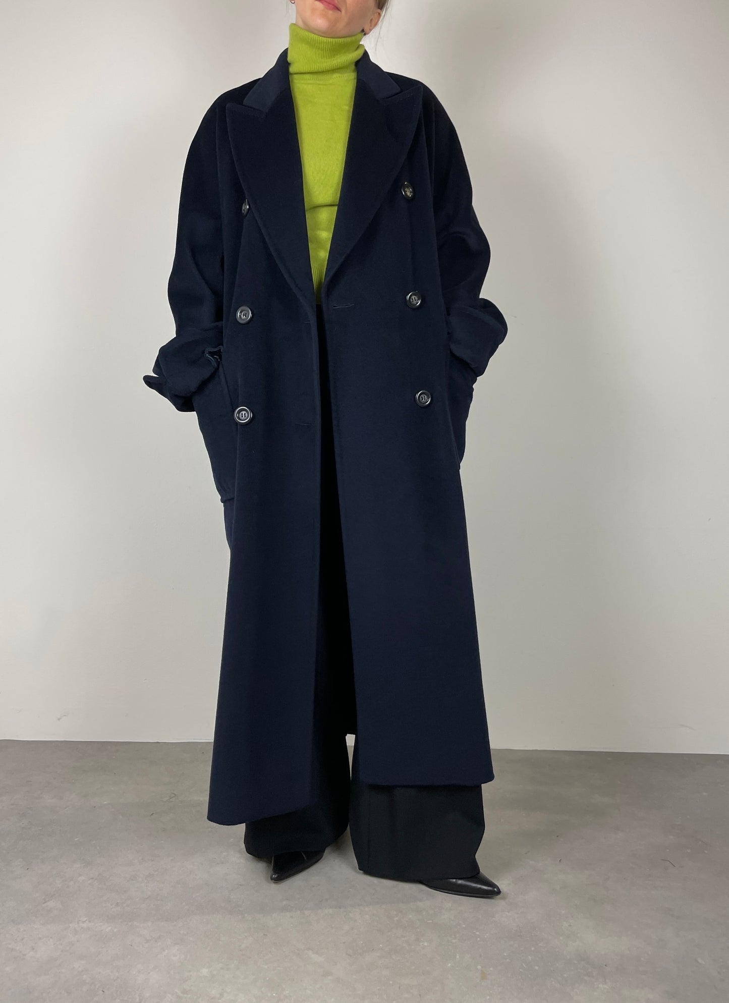 Blue wool, angora and cashmere coat