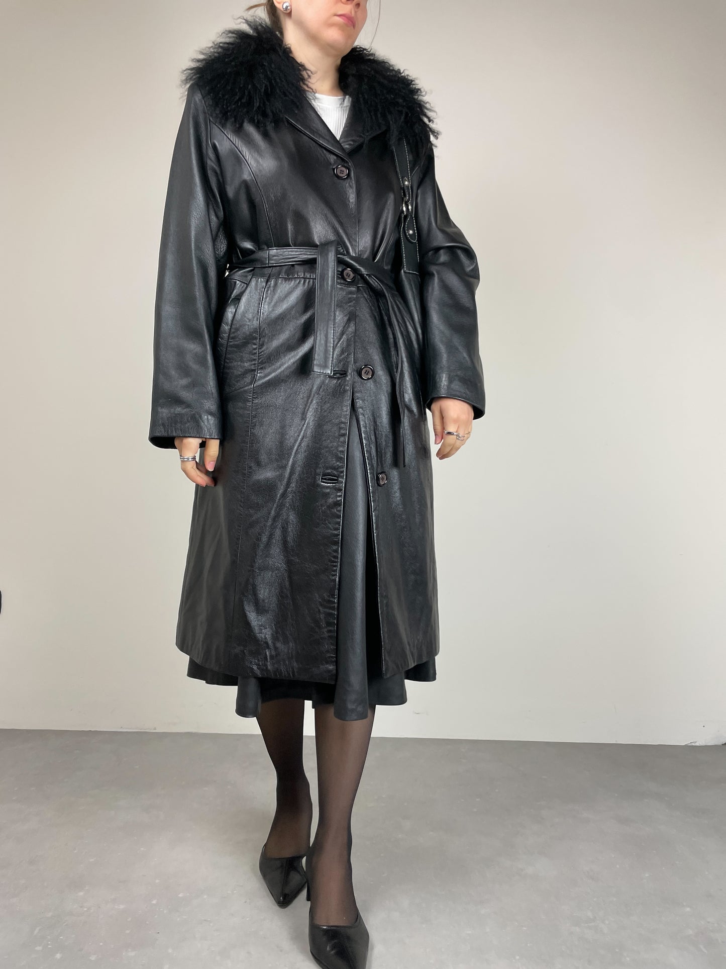 Trench in vera pelle con collo in pelliccia Mongolia