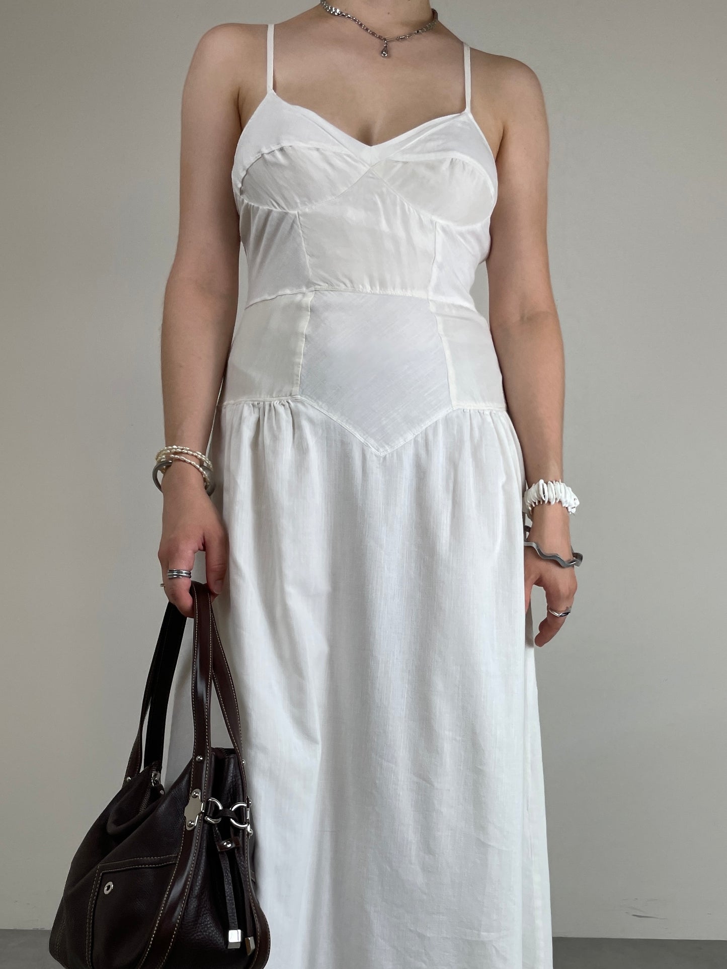 Abito lungo bustier con inserti in seta