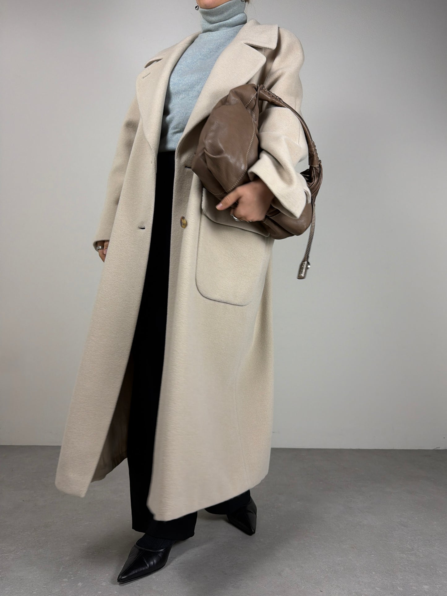 Cappotto lungo panna in lana, angora e cashgora