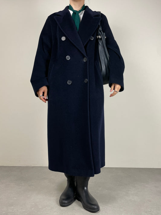 Cappotto a doppiopetto lungo blu in lana made in Italy