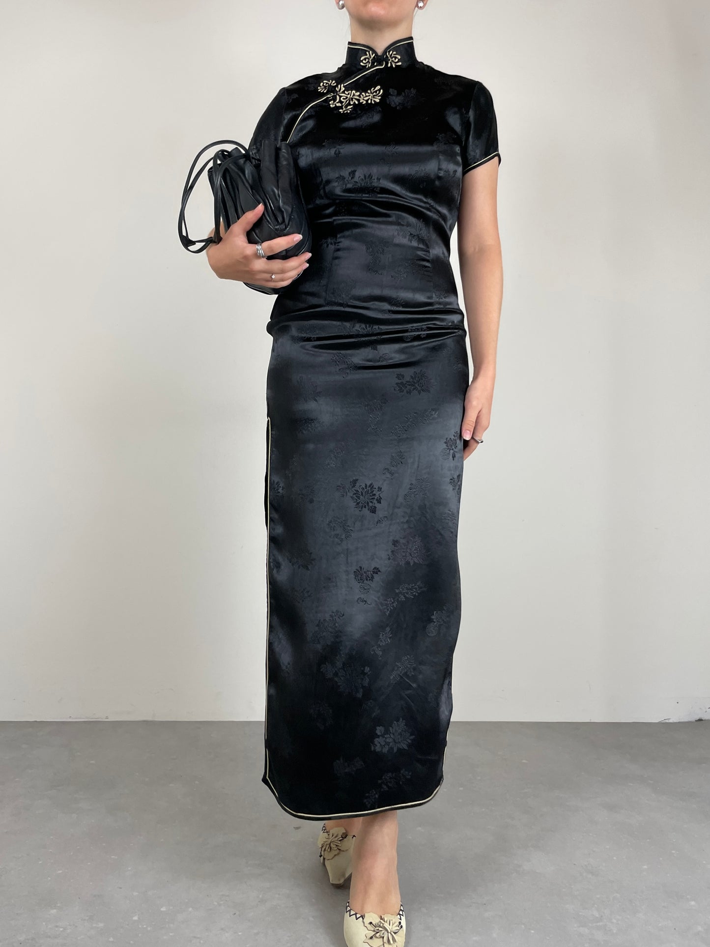 Qipao lungo in jacquard di viscosa nero
