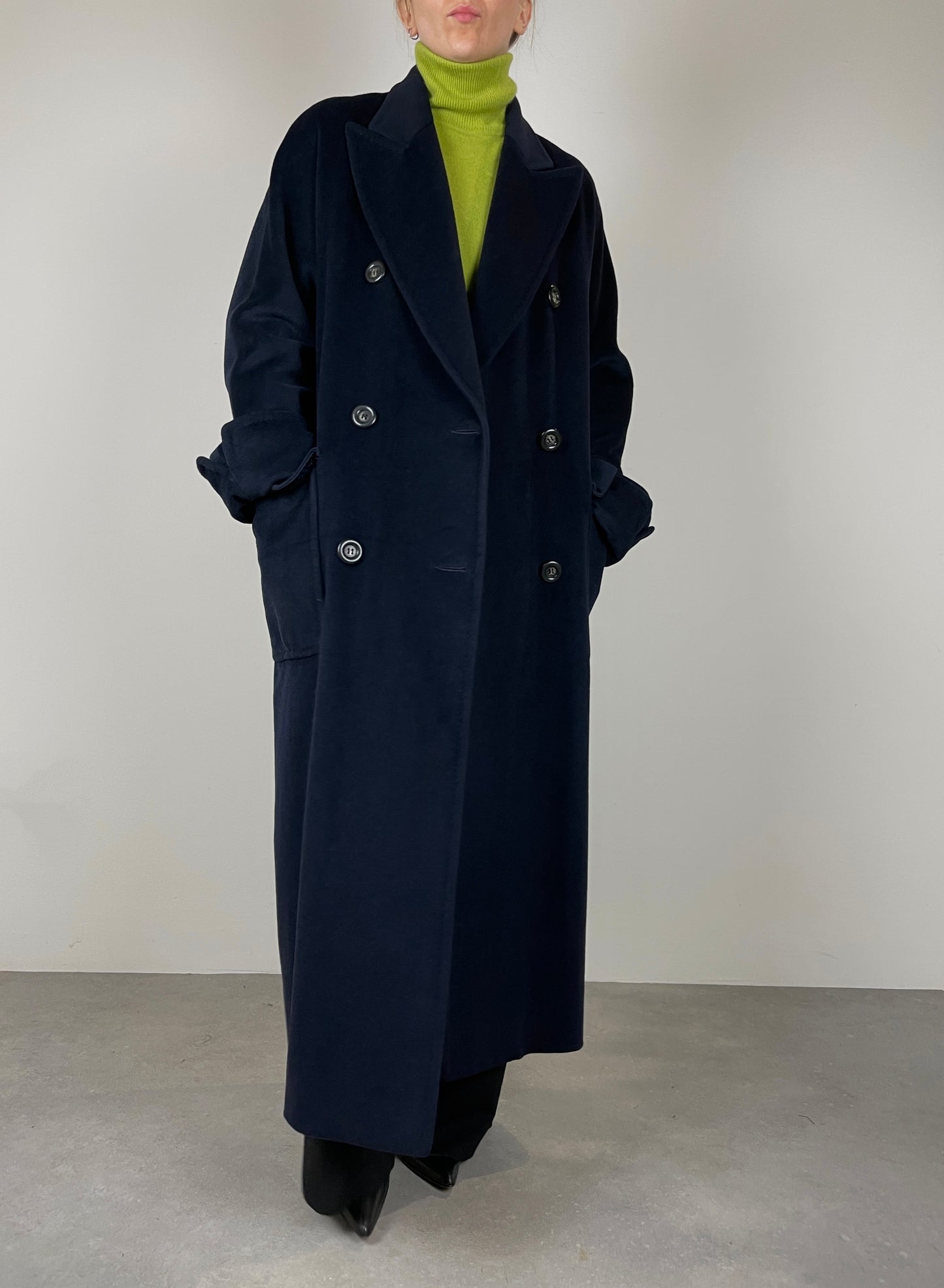 Blue wool, angora and cashmere coat
