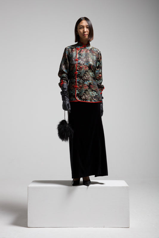 Blusa in jacquard di viscosa con paesaggio asiatico