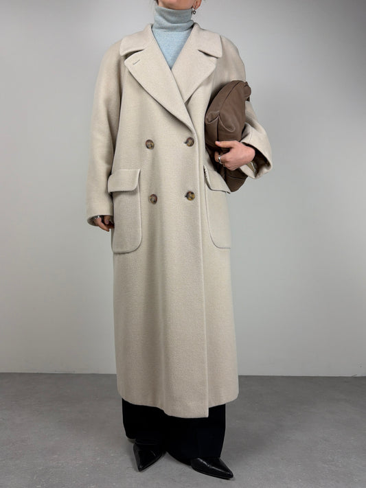 Cappotto lungo panna in lana, angora e cashgora