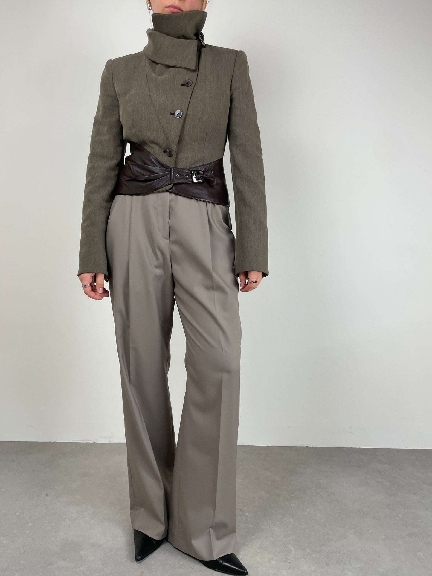 Armani Collezioni giacchetta in lana con dettagli in pelle