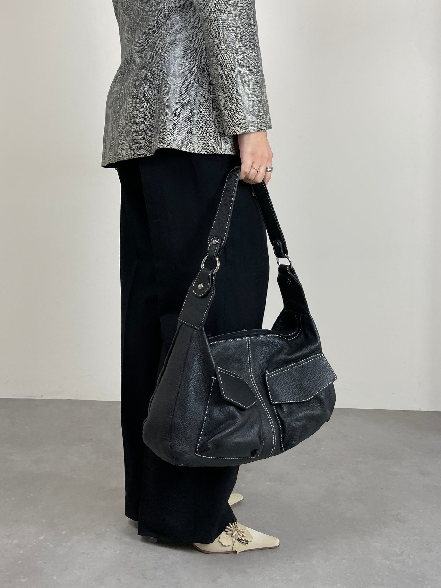 Maxi borsa in vera pelle nera
