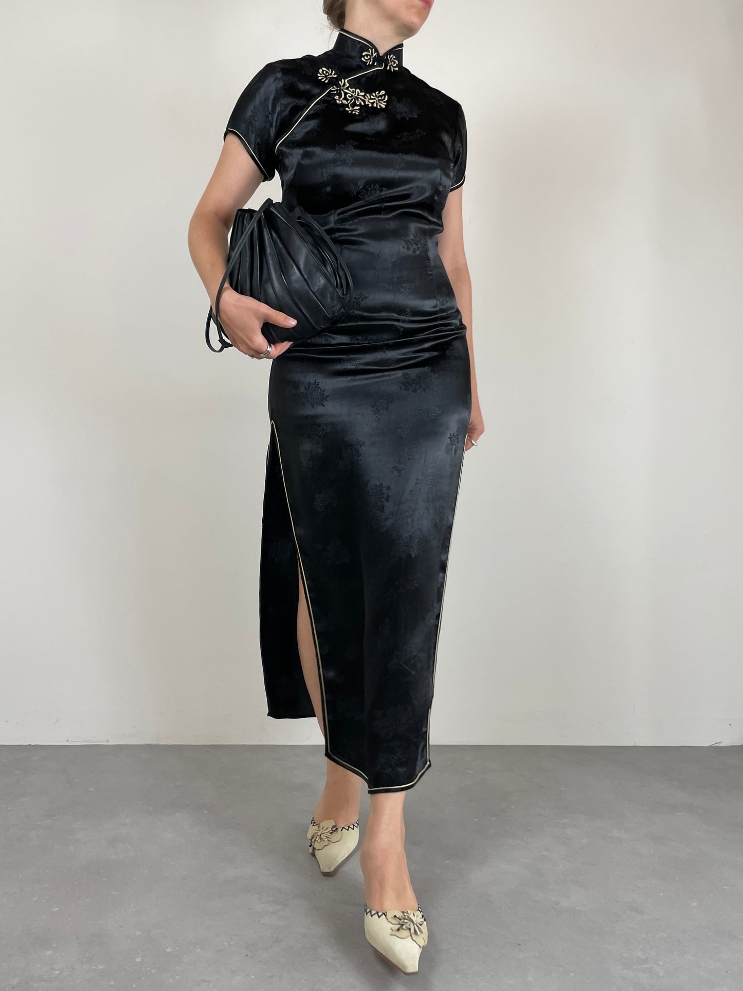 Qipao lungo in jacquard di viscosa nero