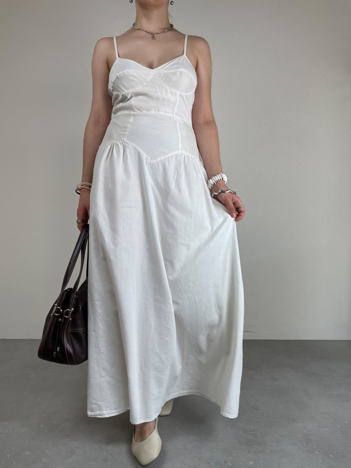 Abito lungo bustier con inserti in seta