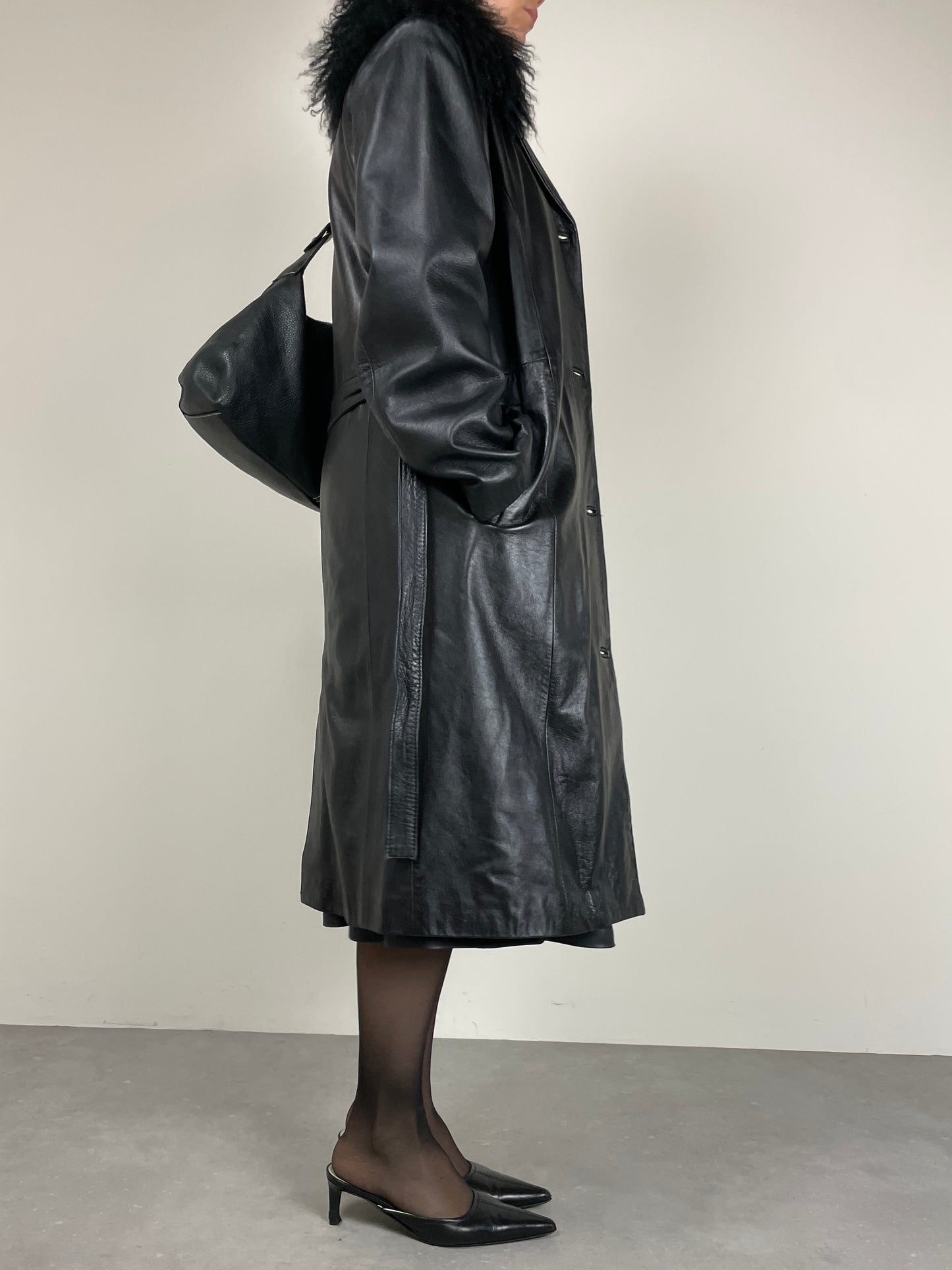 Trench in vera pelle con collo in pelliccia Mongolia