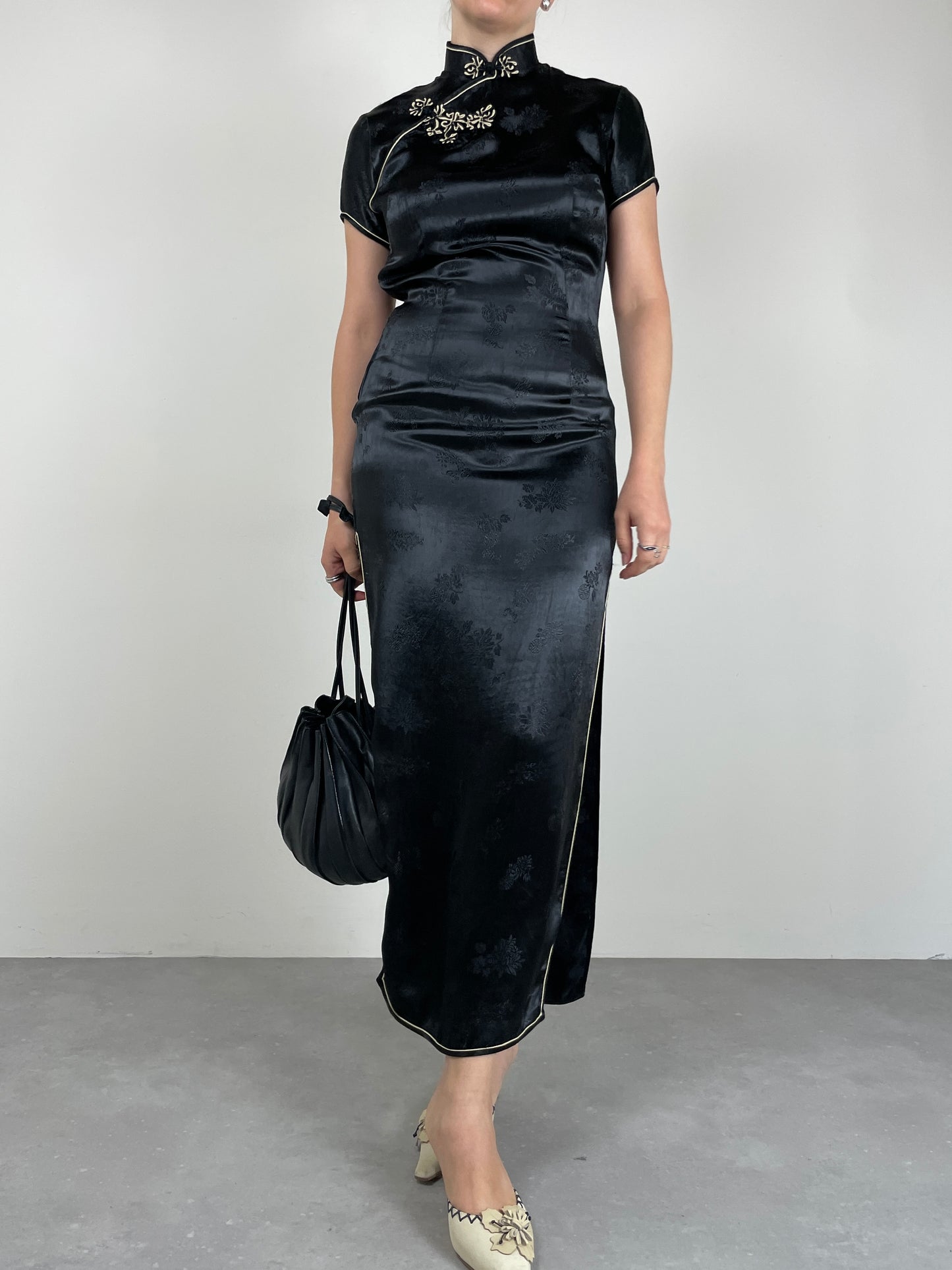 Qipao lungo in jacquard di viscosa nero