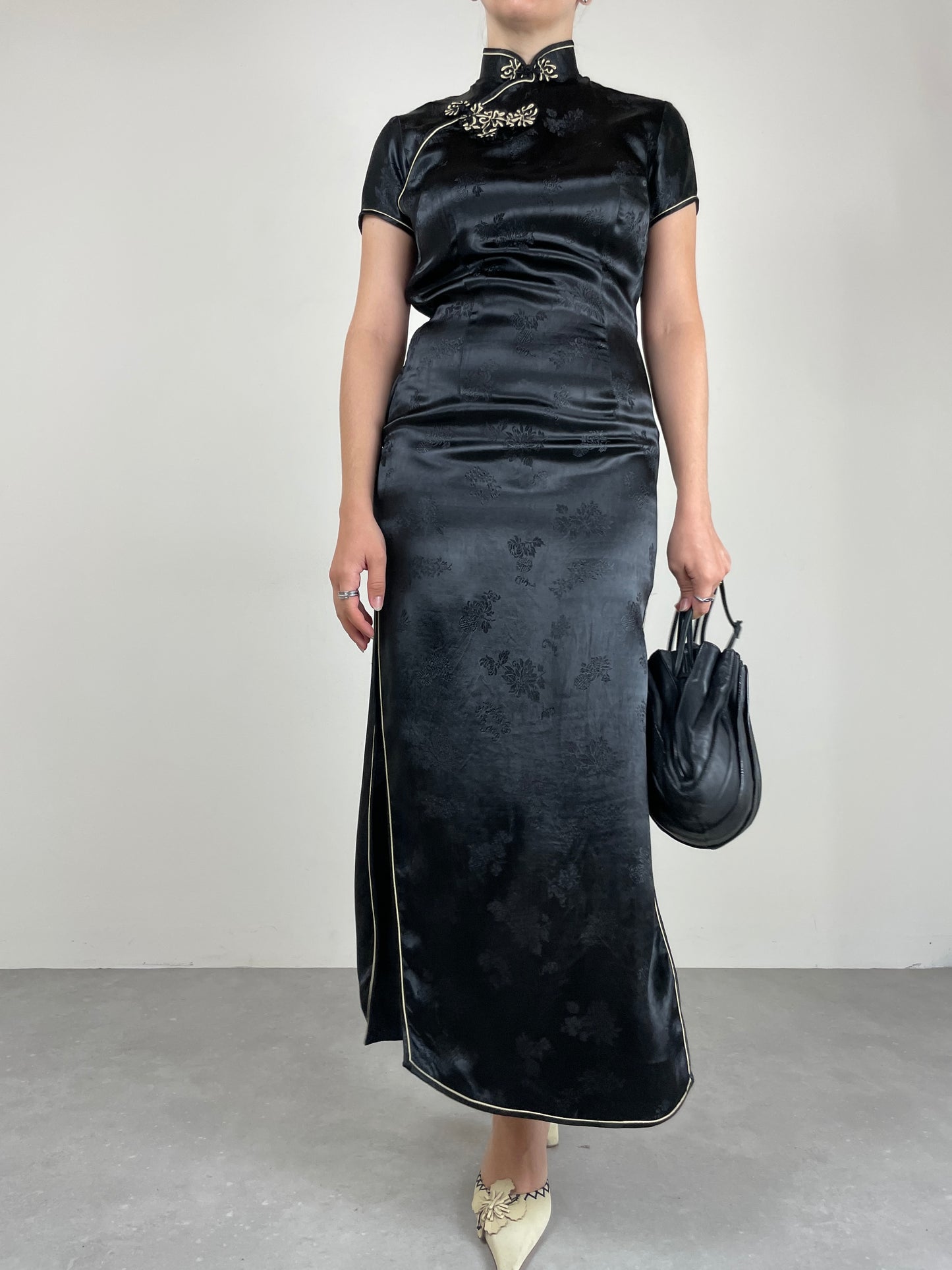 Qipao lungo in jacquard di viscosa nero