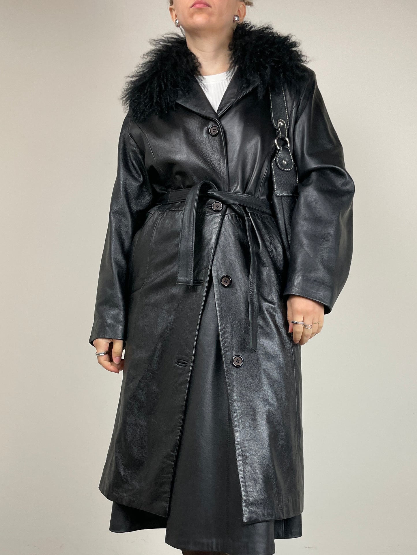 Trench in vera pelle con collo in pelliccia Mongolia