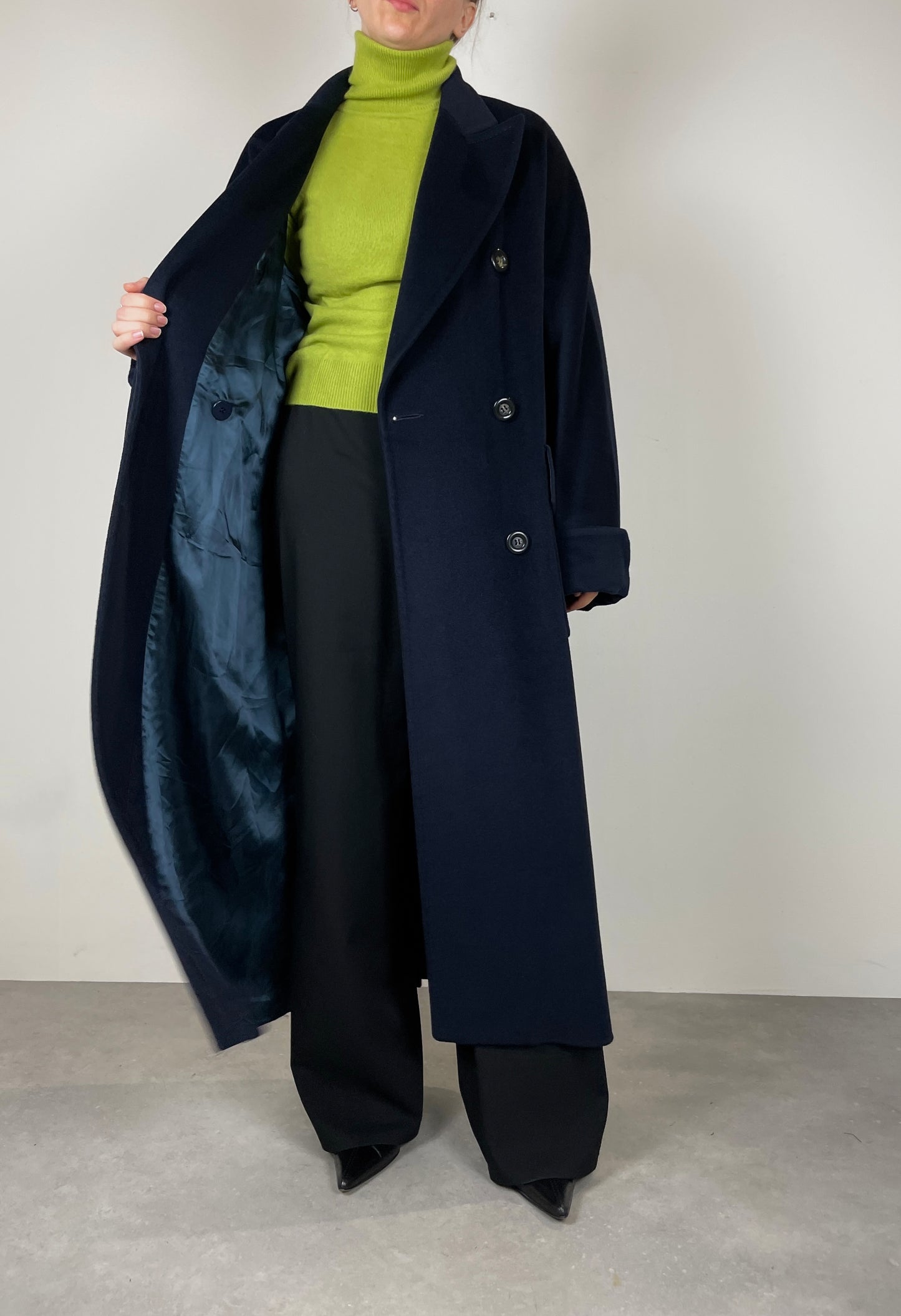 Blue wool, angora and cashmere coat