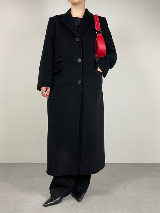 Cappotto lungo nero in beaver di pura lana