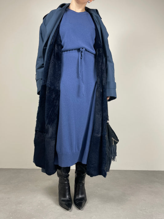 Trench vintage con gilet staccabile in vera pelliccia lapin