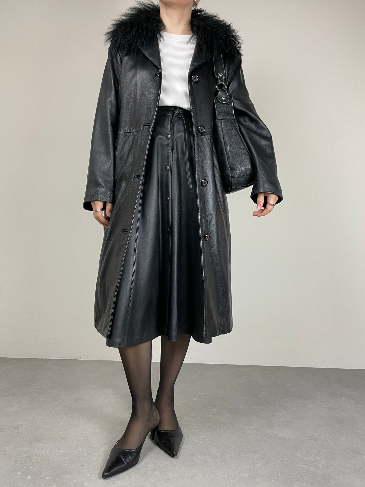 Trench in vera pelle con collo in pelliccia Mongolia