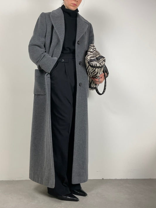 Cappotto lungo grigio in lana, angora mohair e cashmere