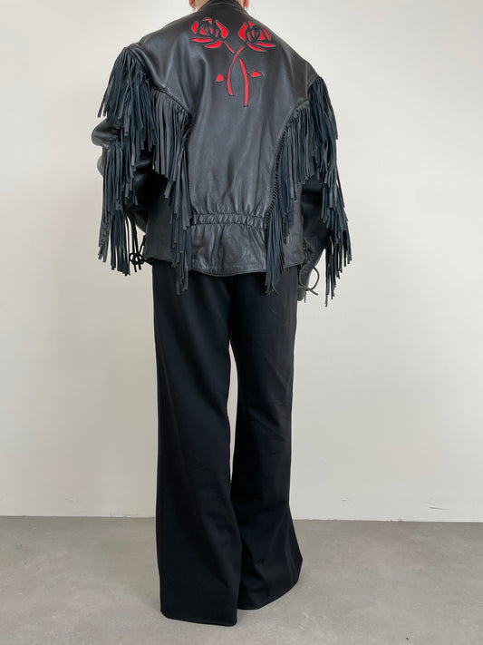 Chiodo vintage in pelle con frange e rose