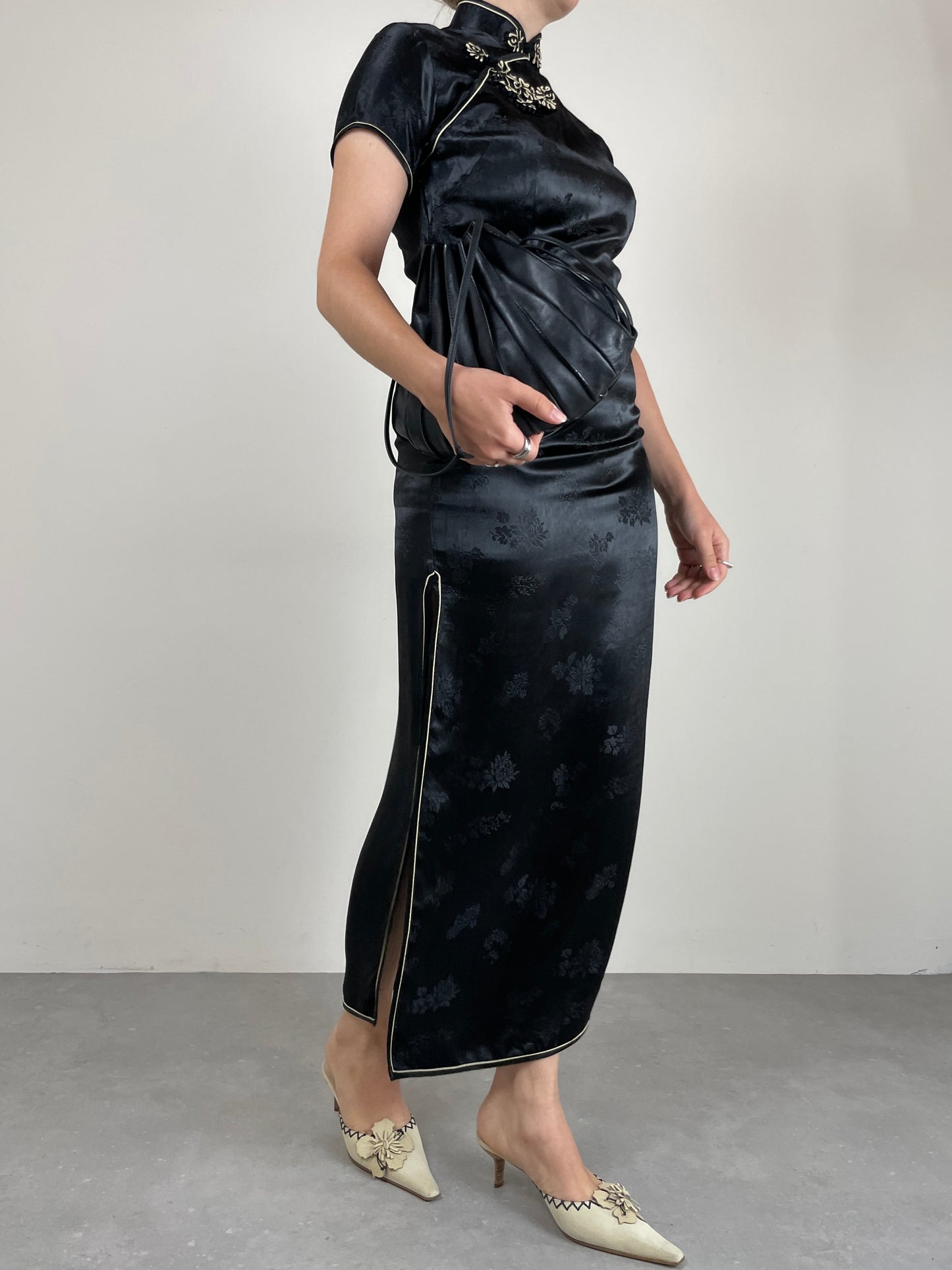 Qipao lungo in jacquard di viscosa nero