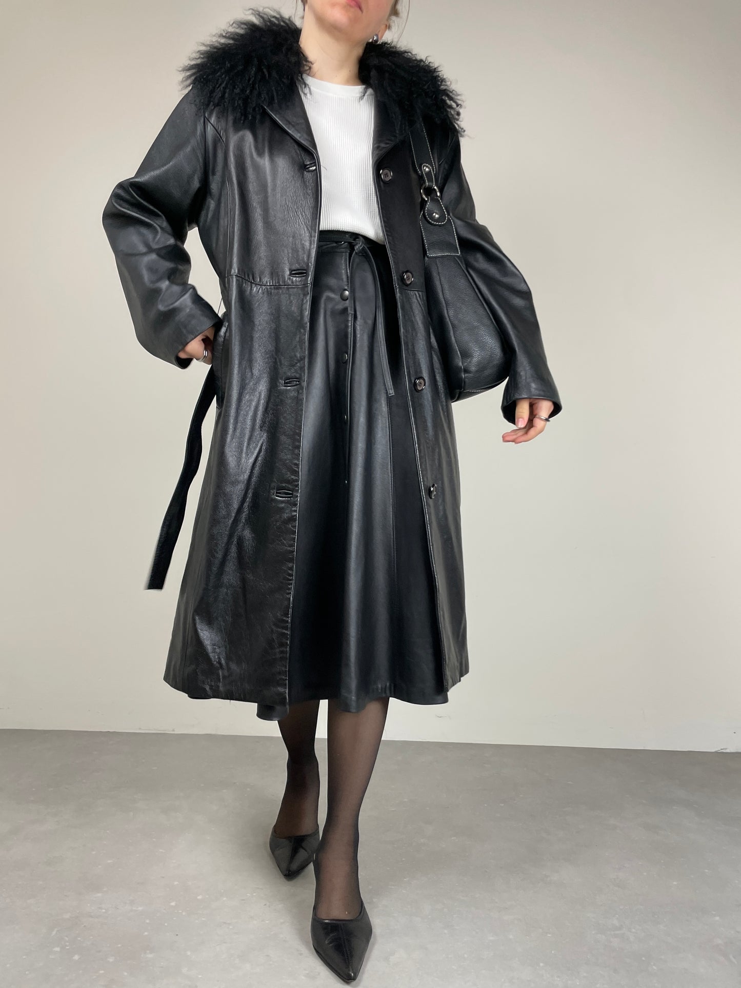 Trench in vera pelle con collo in pelliccia Mongolia