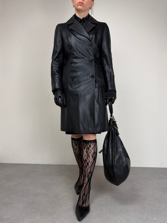 Trench vintage in vera pelle a doppiopetto