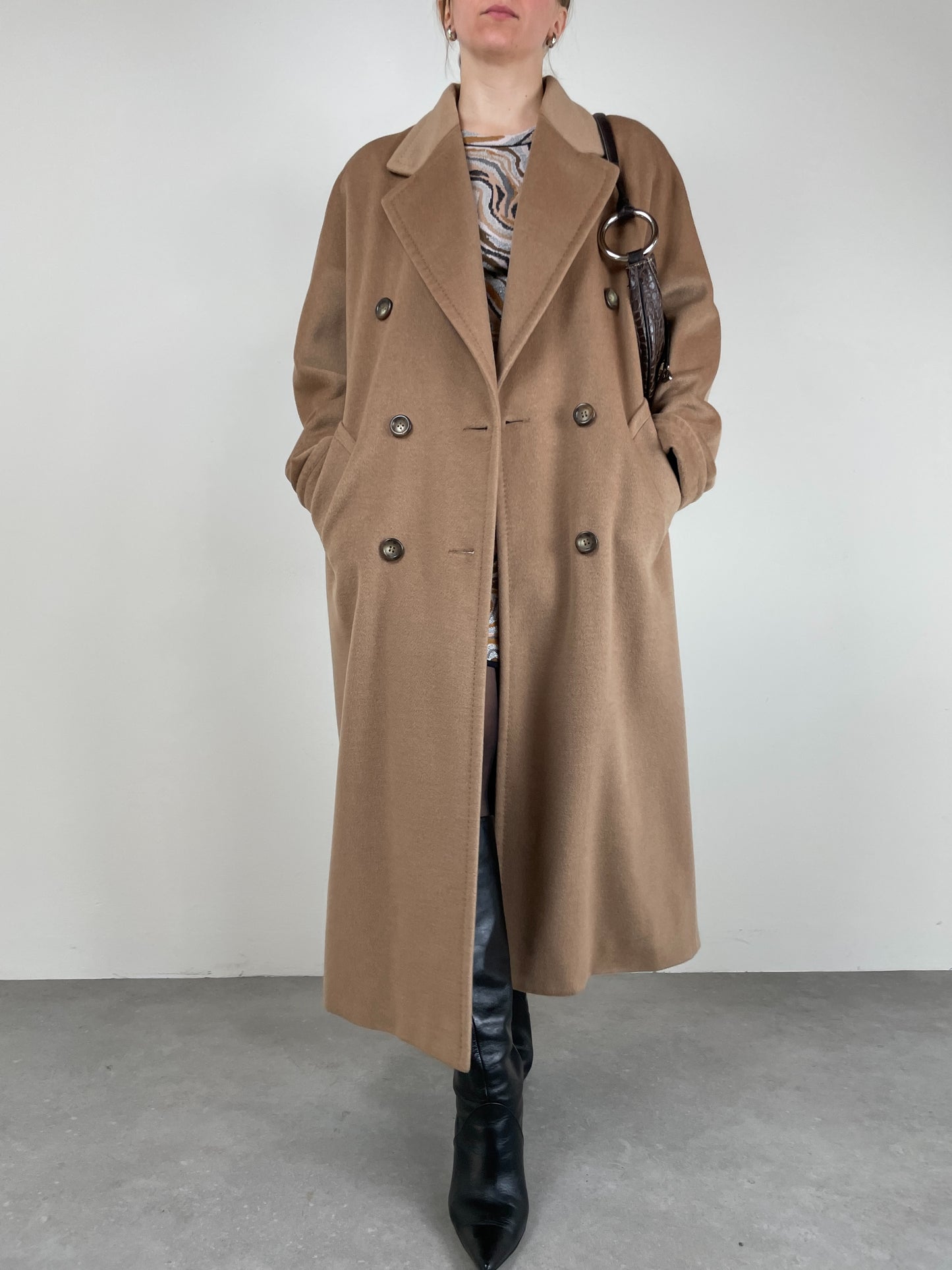 Cappotto vintage cammello in lana, angora e cashmere