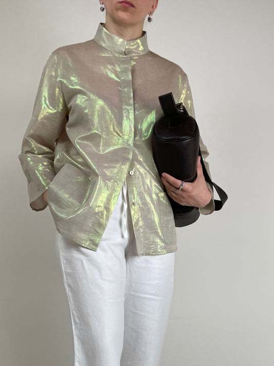Camicia in misto cotone e lino con finitura iridescente