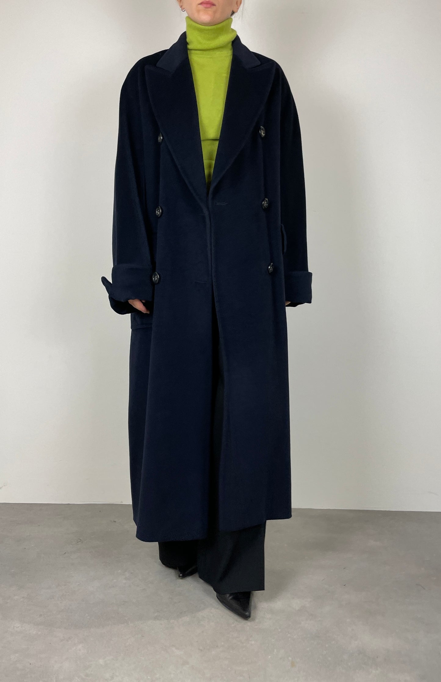 Blue wool, angora and cashmere coat