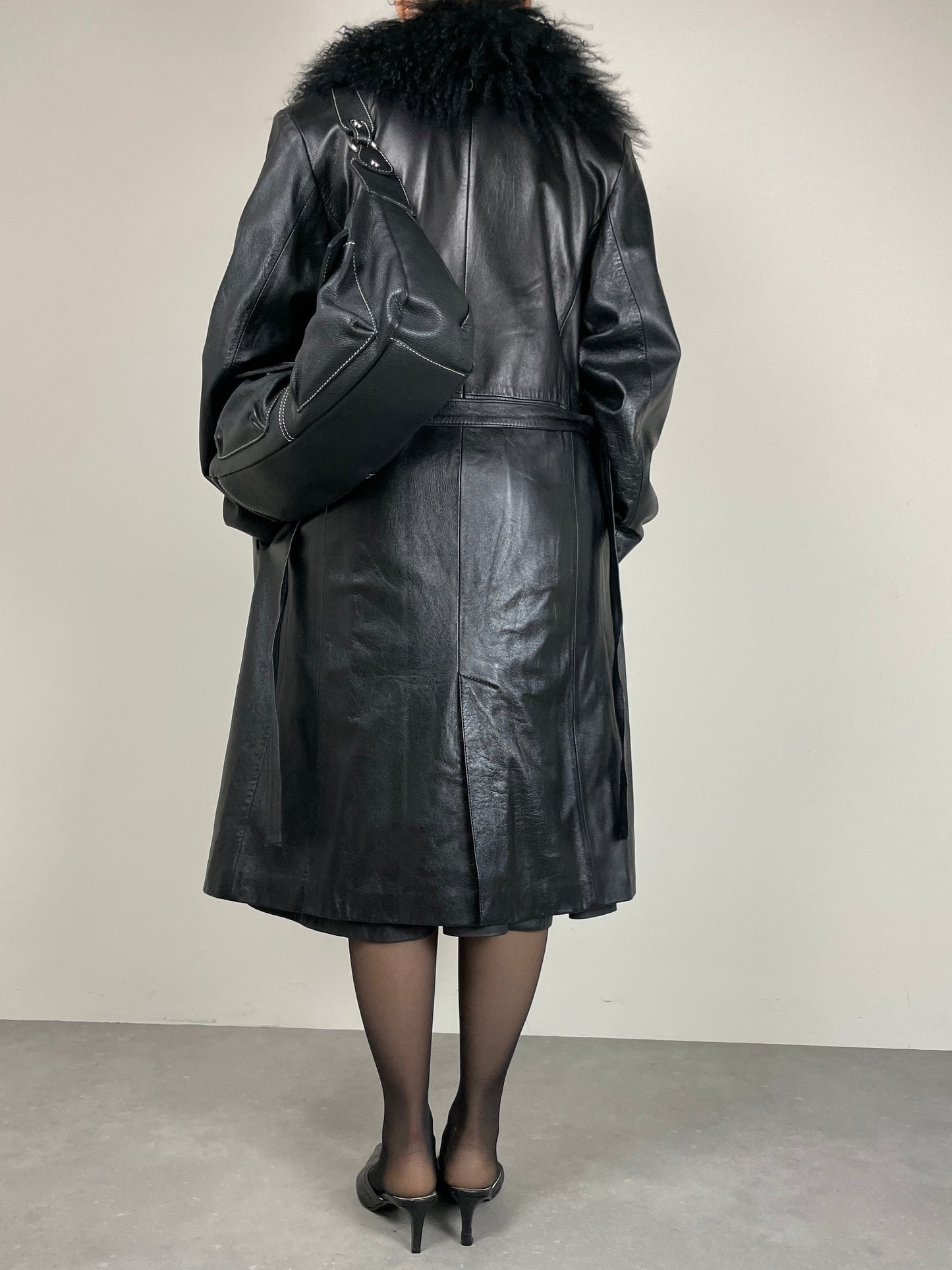 Trench in vera pelle con collo in pelliccia Mongolia