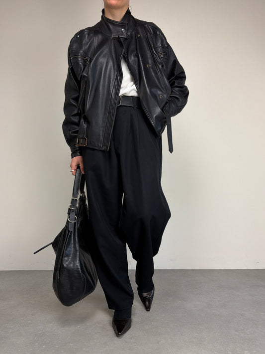 Bomber vintage in vera pelle nera con cintura in vita