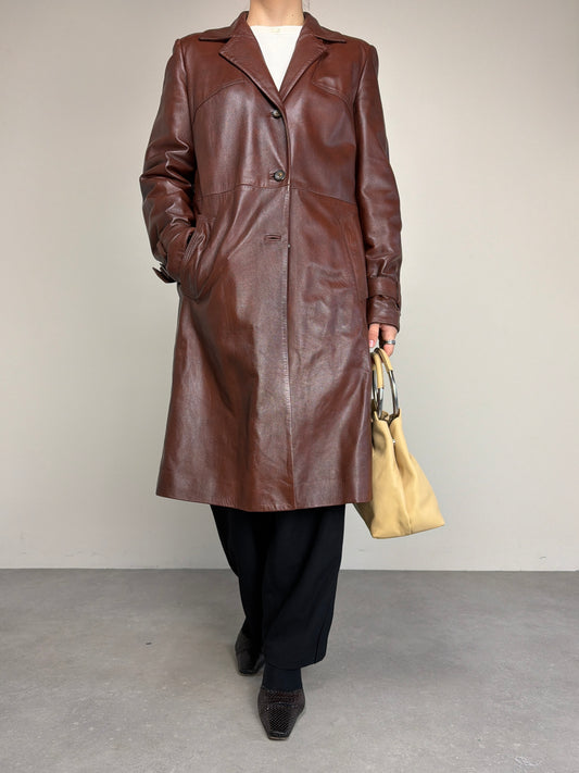 Trench vintage in vera pelle marrone