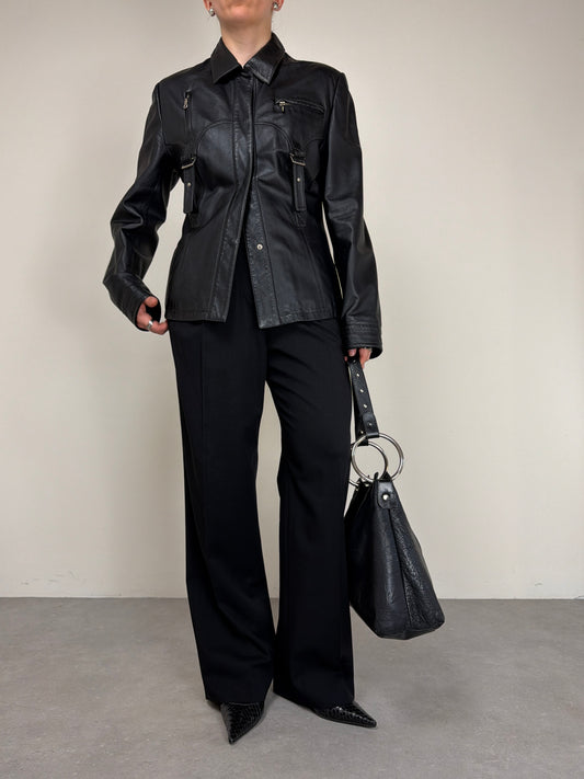 Giacca a camicia in vera pelle nera