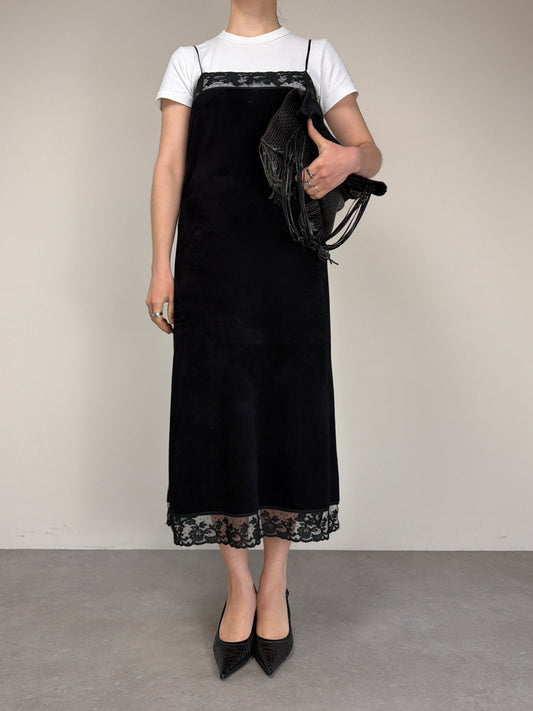 Slip dress vintage in camoscio nero con pizzo