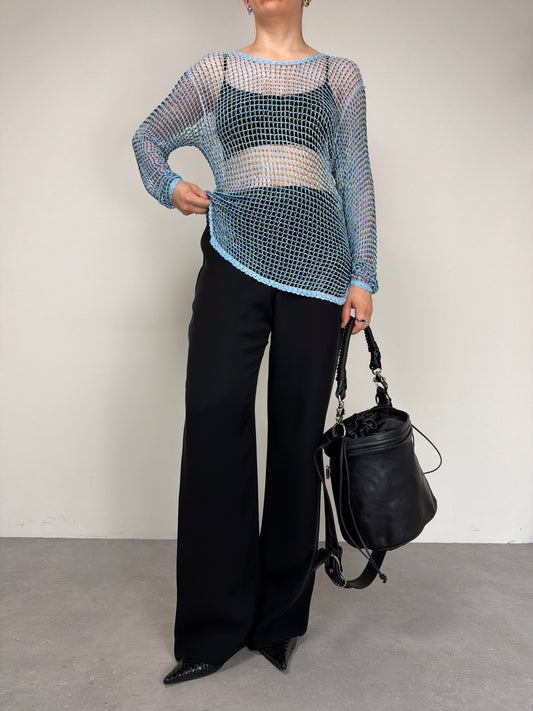 Maglia vintage a rete crochet azzurra con perline cangianti