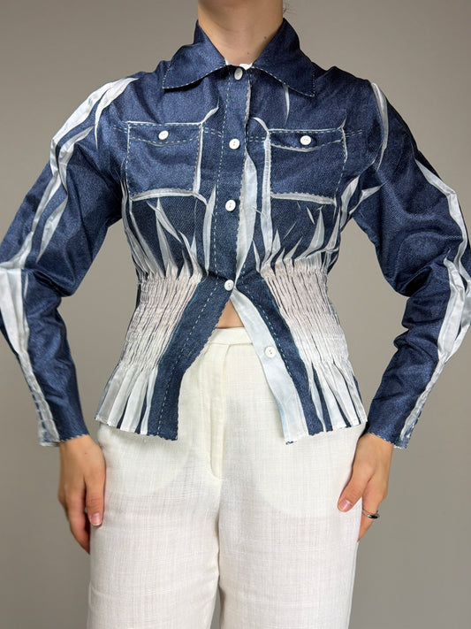 Camicetta vintage stampa denim effetto crinkle