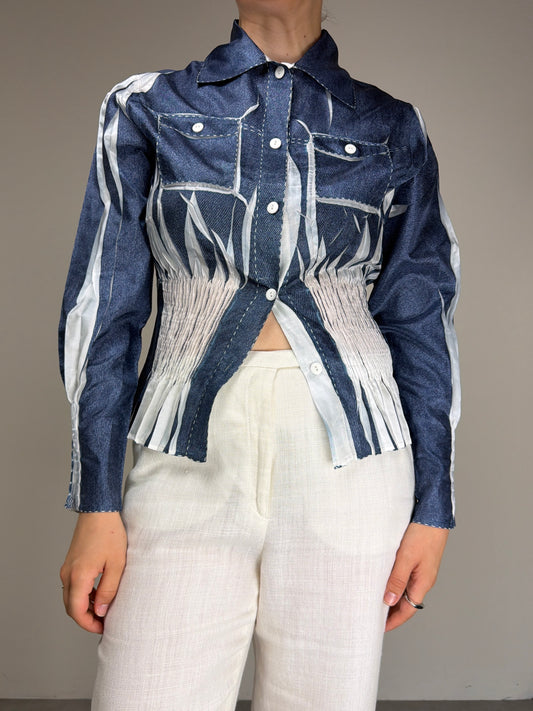 Camicetta vintage stampa denim effetto crinkle