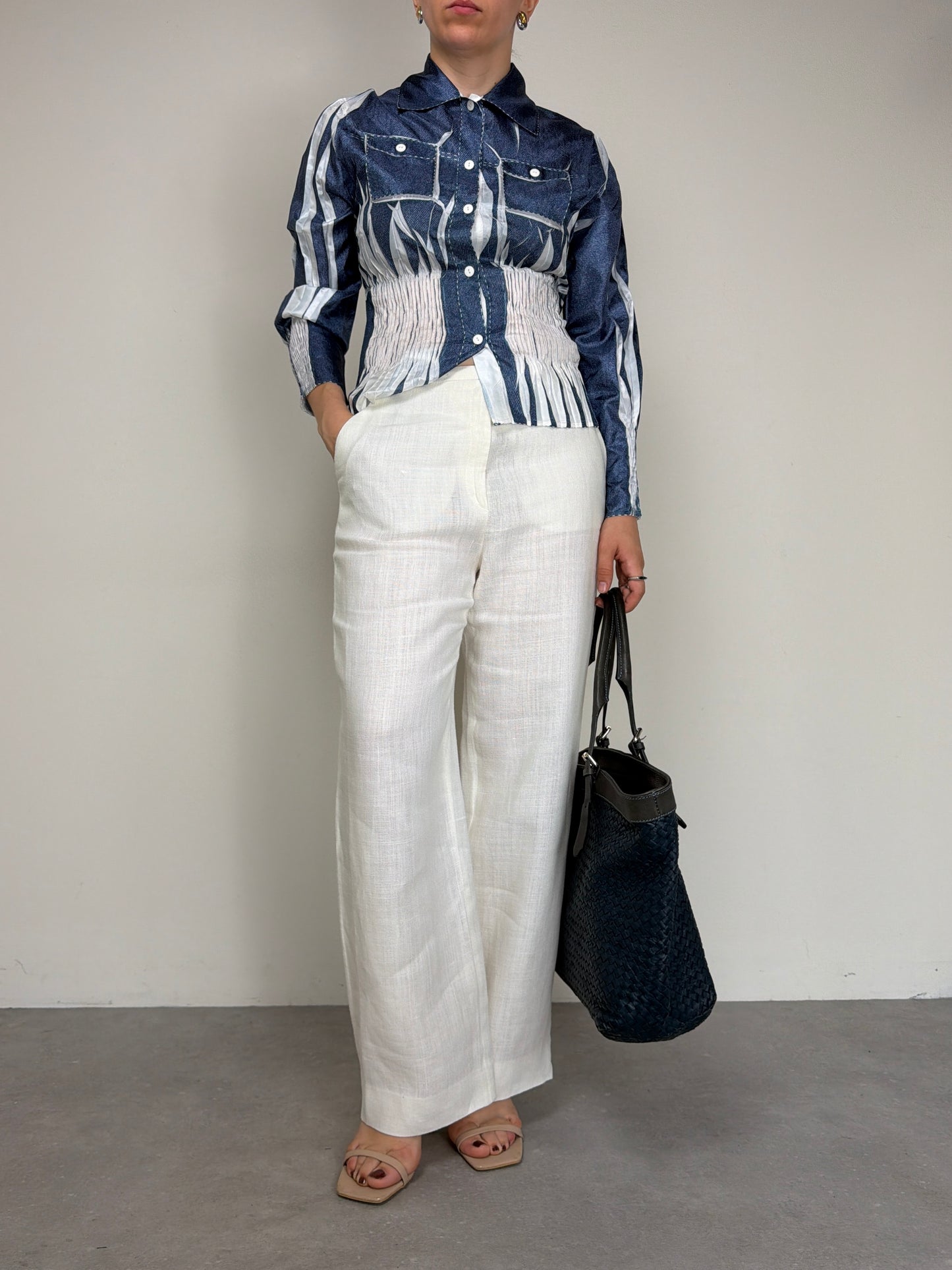 Camicetta vintage stampa denim effetto crinkle