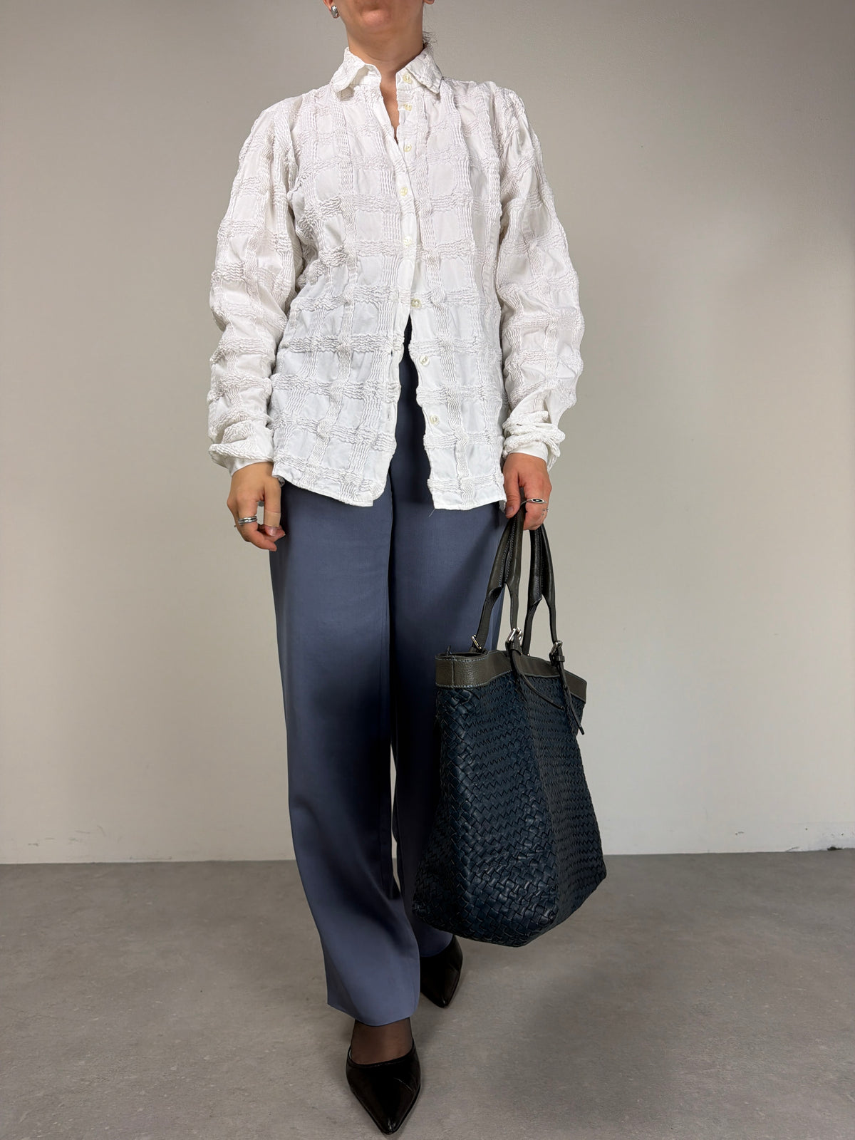 Camicia in cotone effetto nido d'ape a griglia