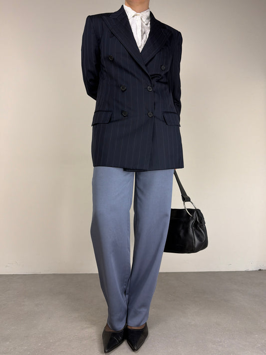 Blazer gessato in lana e seta a doppiopetto