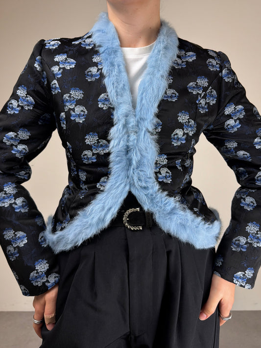 Giacca vintage in jacquard con pelliccia