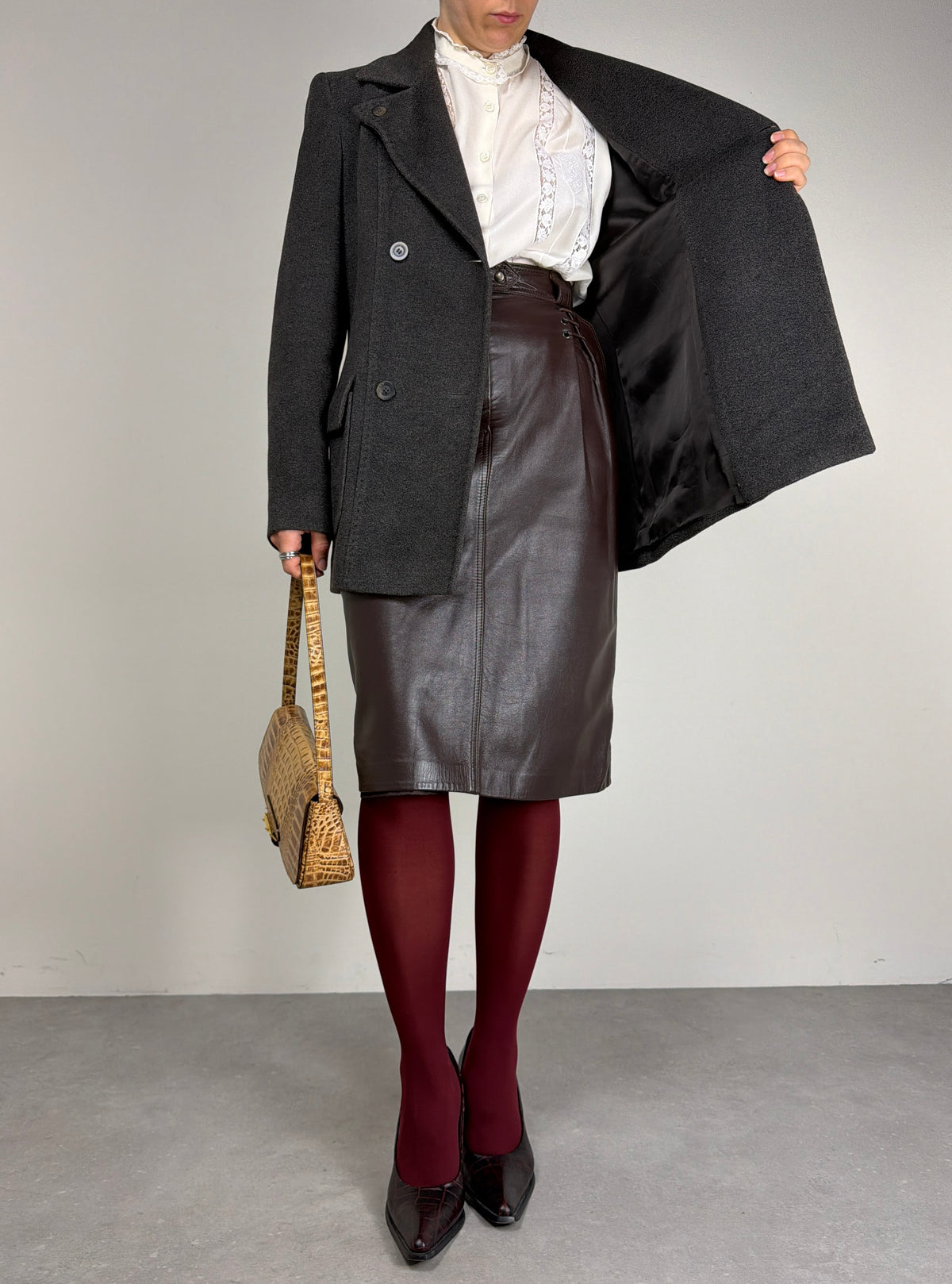 Gonna vintage midi in nappa marrone cioccolato