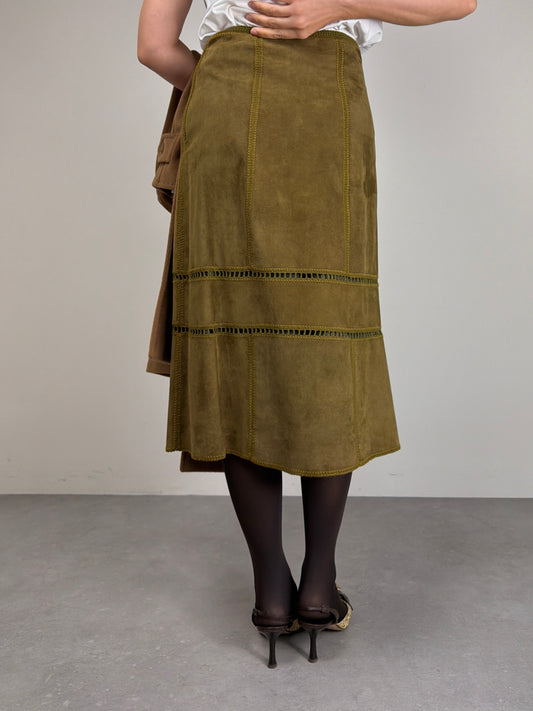 Gonna vintage midi in camoscio verde oliva