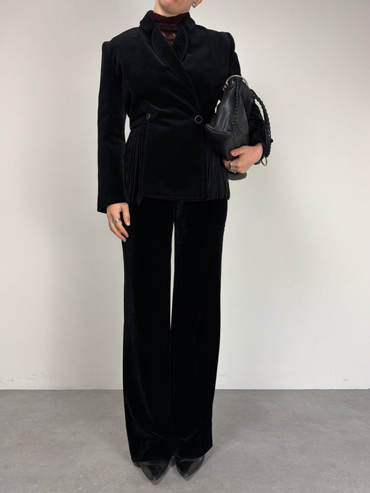 Blazer vintage in velluto di cotone con frange in pelle