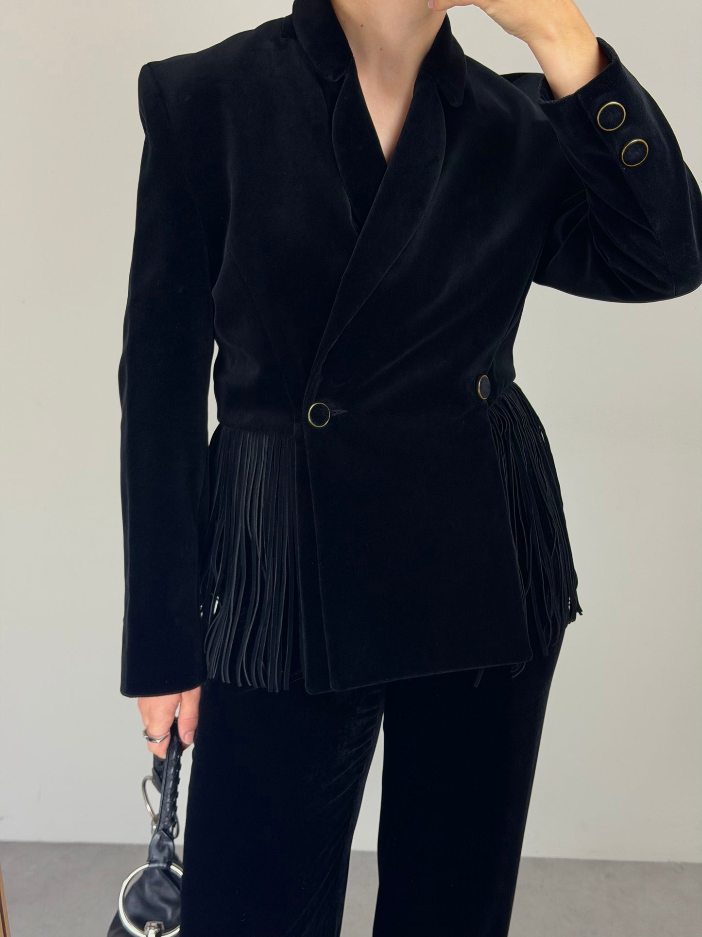 Blazer vintage in velluto di cotone con frange in pelle