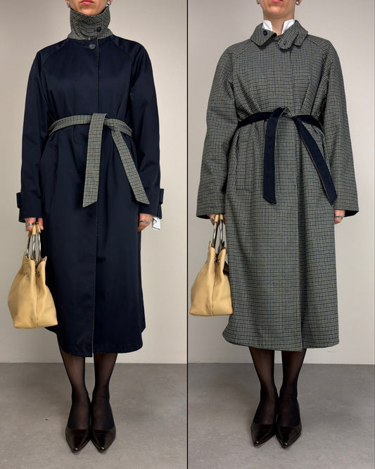 Trench vintage double-face da un lato blu e dall'altro a fantasia pied de poule