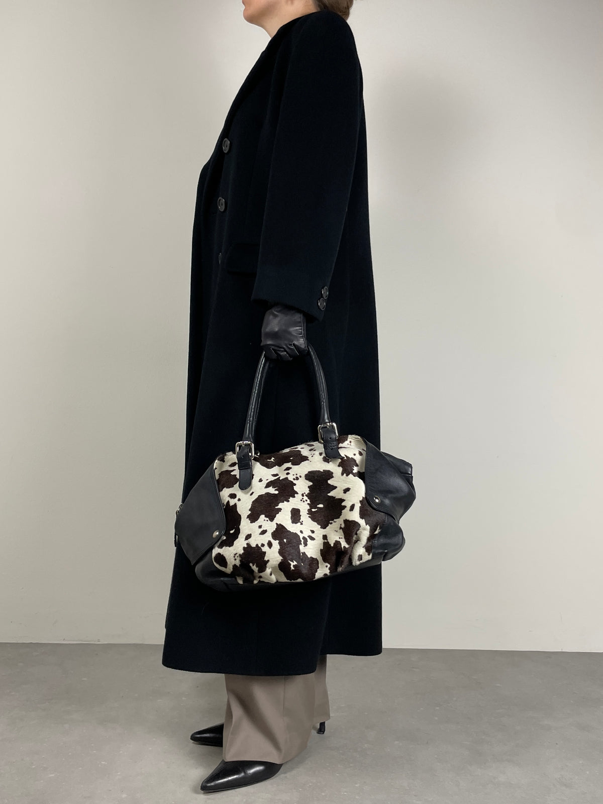Borsa in vera pelle con il davanti in cavallino cow print